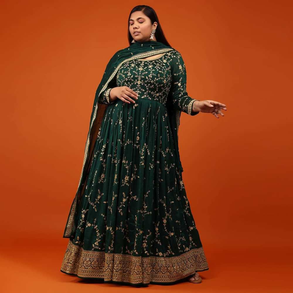 Deep Green Anarkali Suit In Georgette With Zari And Sequin Embroidered Floral Jaal