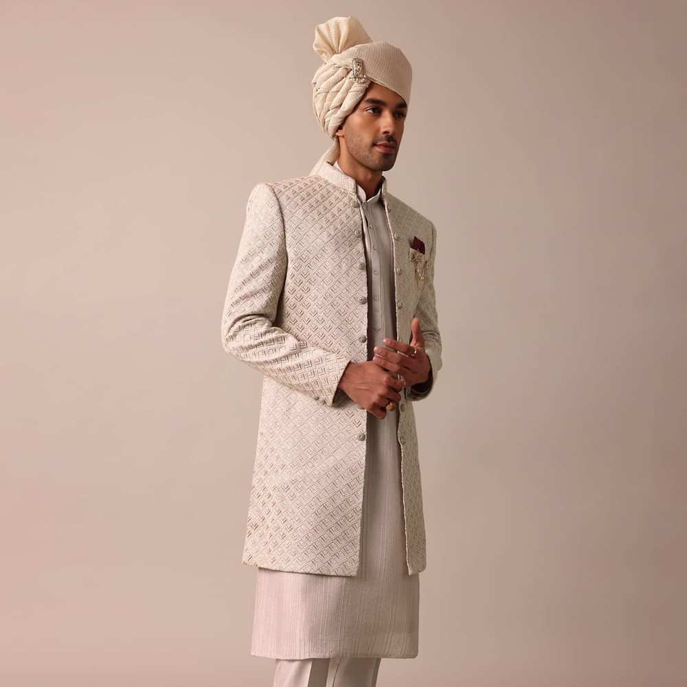 Blush Peach Silk Sherwani Set With Intricate Embroidery