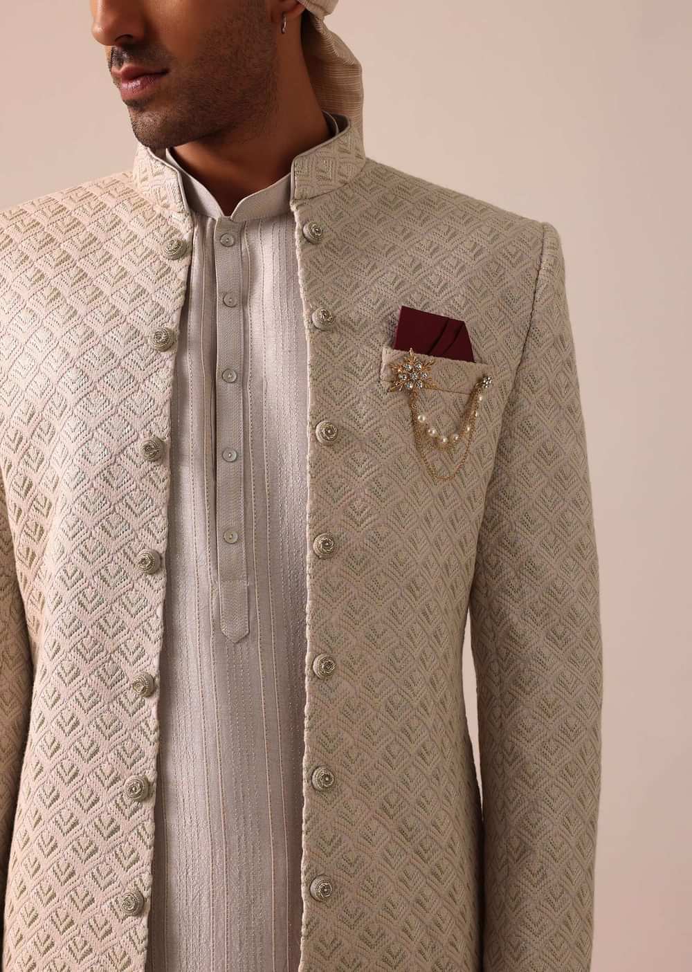 Exquisite Beige Silk Sherwani With Intricate Embroidery