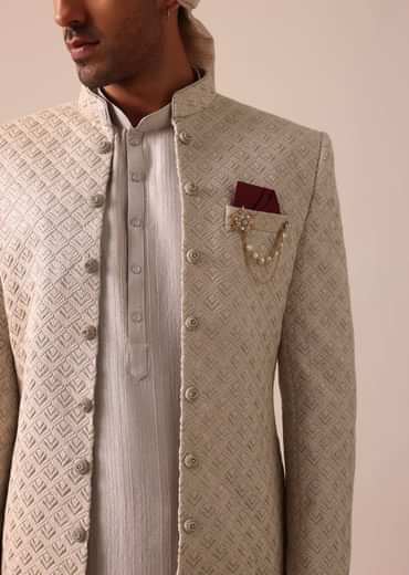 Exquisite Beige Silk Sherwani With Intricate Embroidery
