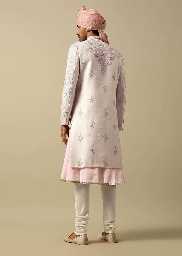 Exquisite Pink Raw Silk Sherwani