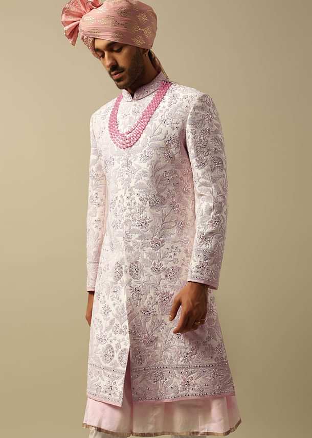 Exquisite Pink Raw Silk Sherwani