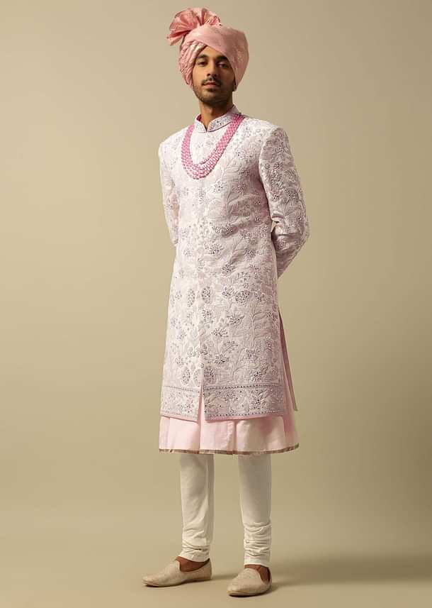 Exquisite Pink Raw Silk Sherwani