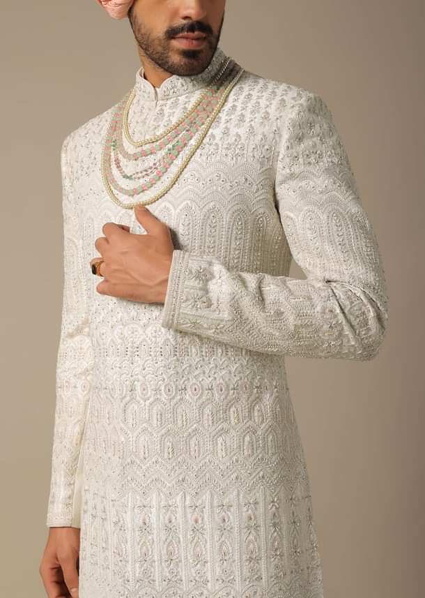 Exquisite White Silk Sherwani Set