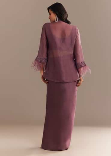 Faded Wine Sequined Jacket Draped Skirt Set