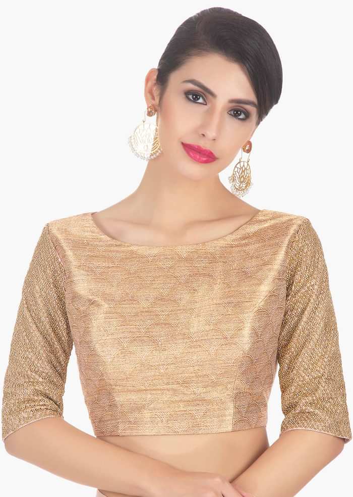 Fancy fabric peach blouse with lycra saree skirt in ready plated pre stitched pallo only on Kalki