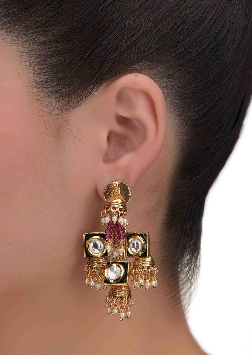 Fancy Gold Plated Geometric Shaped Earrings With Four Nano Jhumkas Online - Kalki Fashion