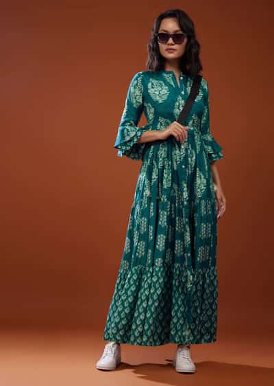 Peacock Green Printed Silk Maxi Dress