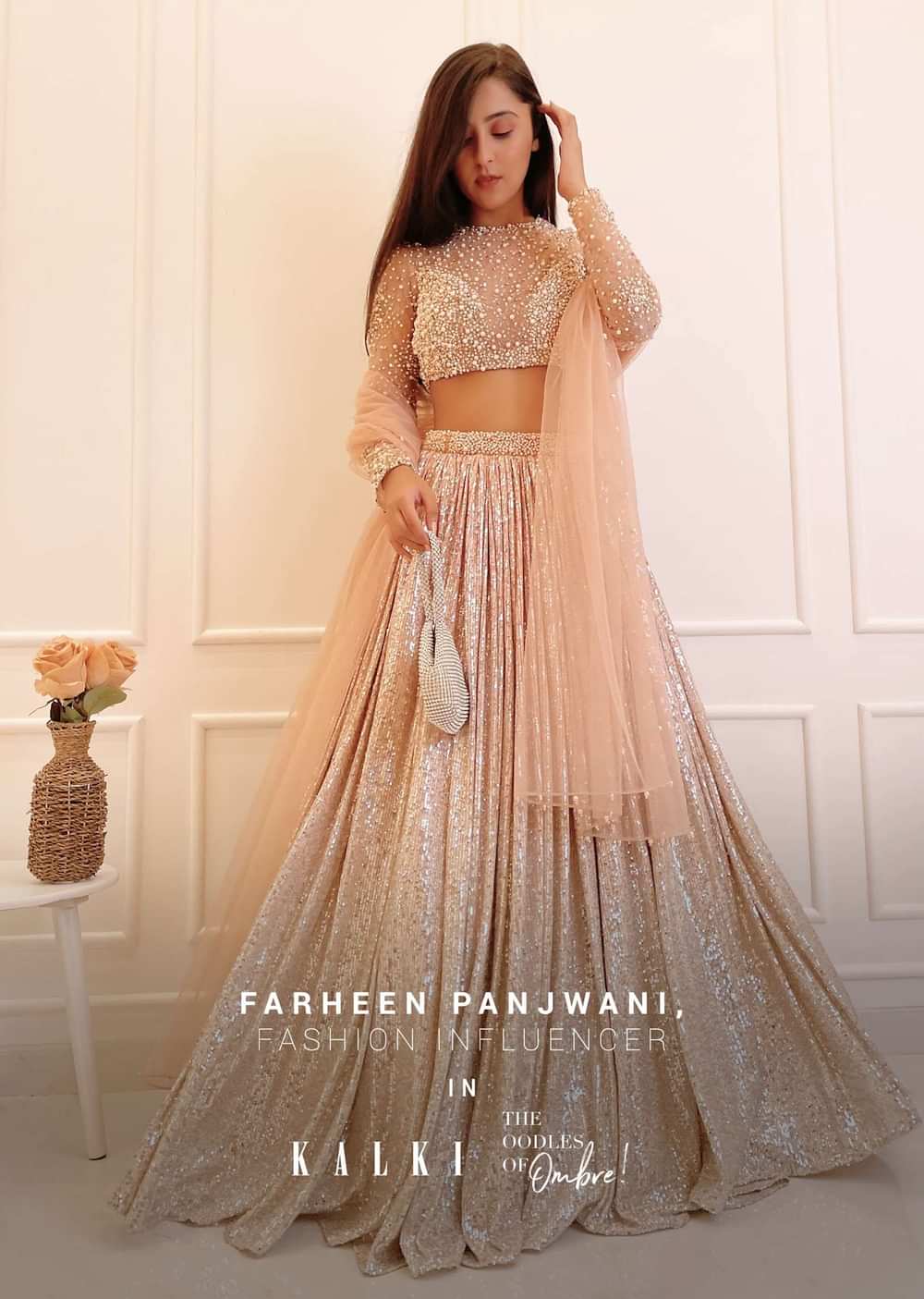 Melon Peach Ombre Lehenga Embellished In Sequins With Moti Embroidered Crop Top With Illusion Neckline And Full Sleeves