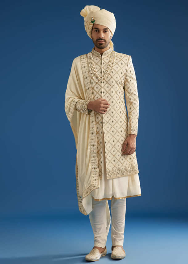 Faun Silk Groom Sherwani Set With Gota And Zardosi Work