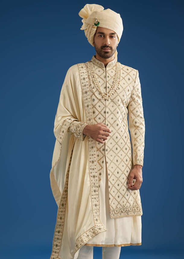 Faun Silk Groom Sherwani Set With Gota And Zardosi Work