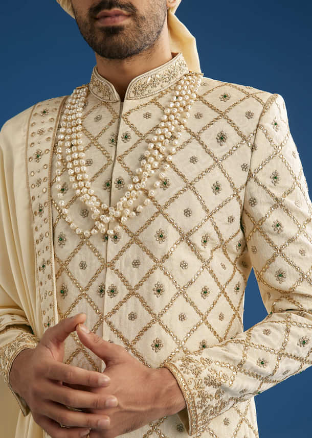Faun Silk Groom Sherwani Set With Gota And Zardosi Work