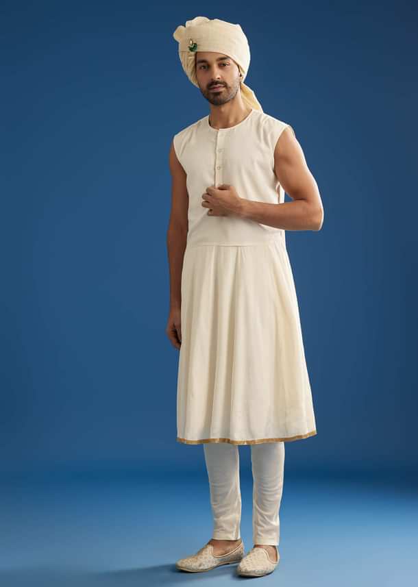 Faun Silk Groom Sherwani Set With Gota And Zardosi Work