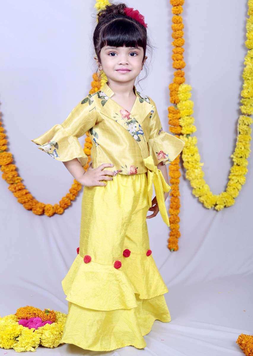 Featuring Green Yellow Layered Palazzo Set With Printed Blouse Online - Kalki Fashion
