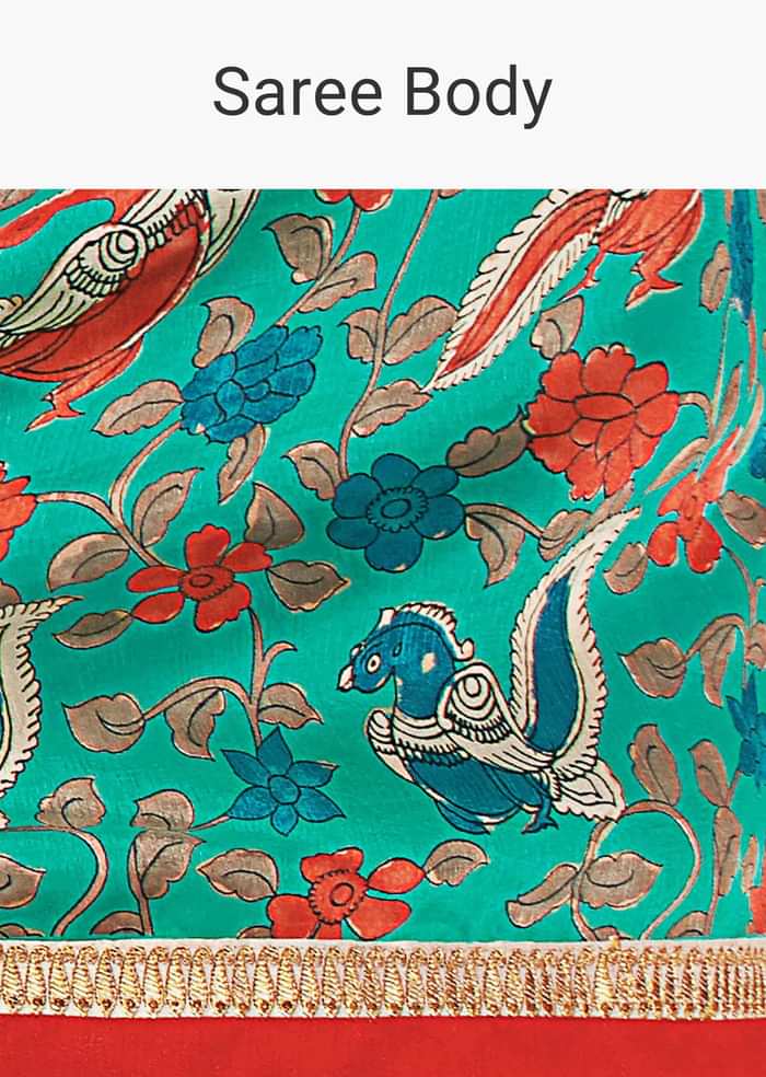 Fern green saree in floral print with red contrast border