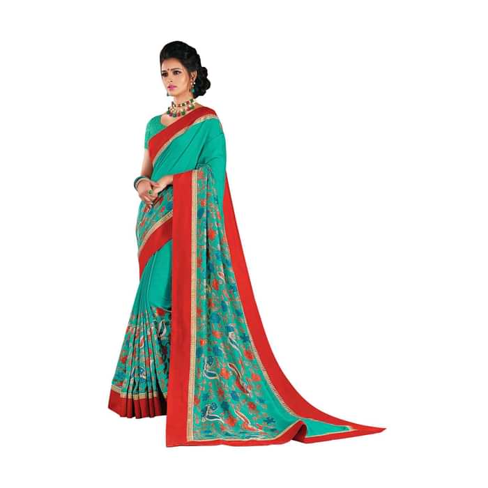 Fern green saree in floral print with red contrast border