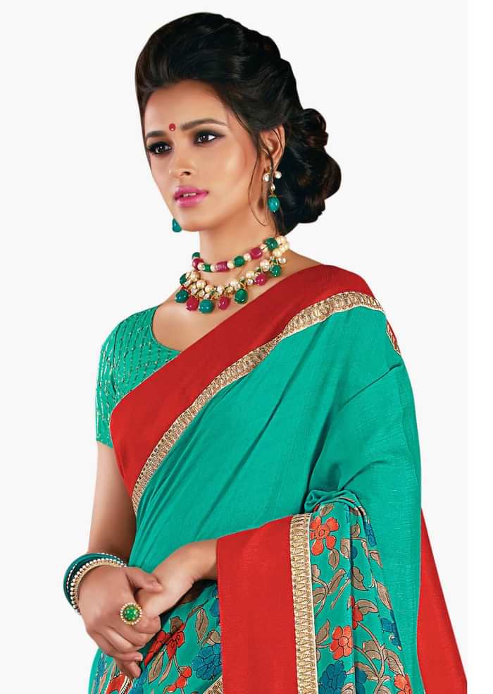 Fern green saree in floral print with red contrast border
