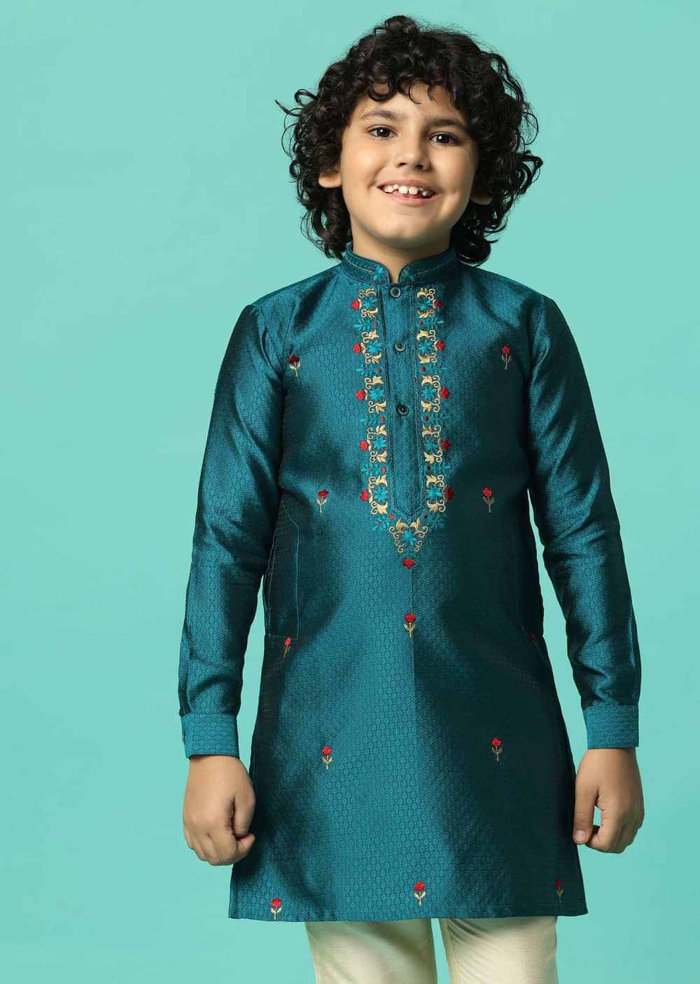 Festive Embroidered Silk Kurta Set For Boys