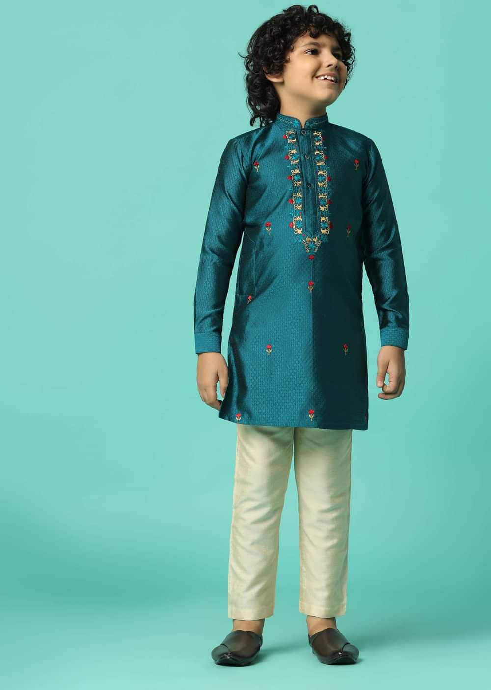 Festive Embroidered Silk Kurta Set For Boys
