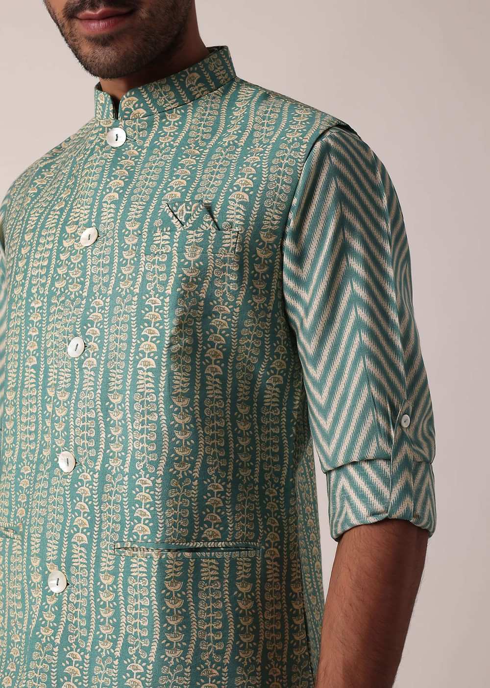 Festive Green Jacket Kurta Set For Men