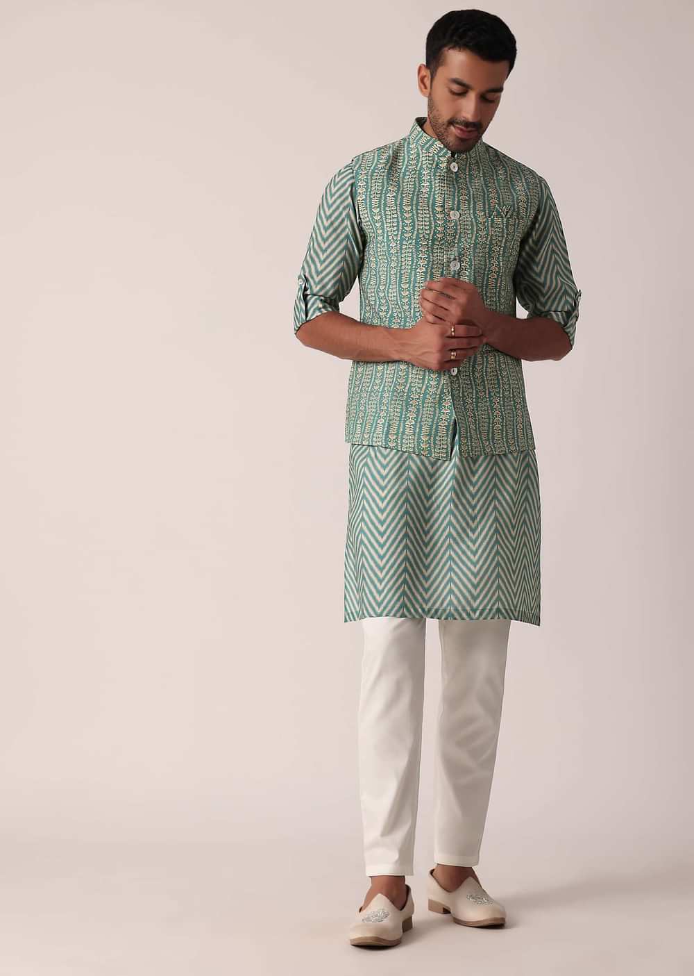 Festive Green Jacket Kurta Set For Men