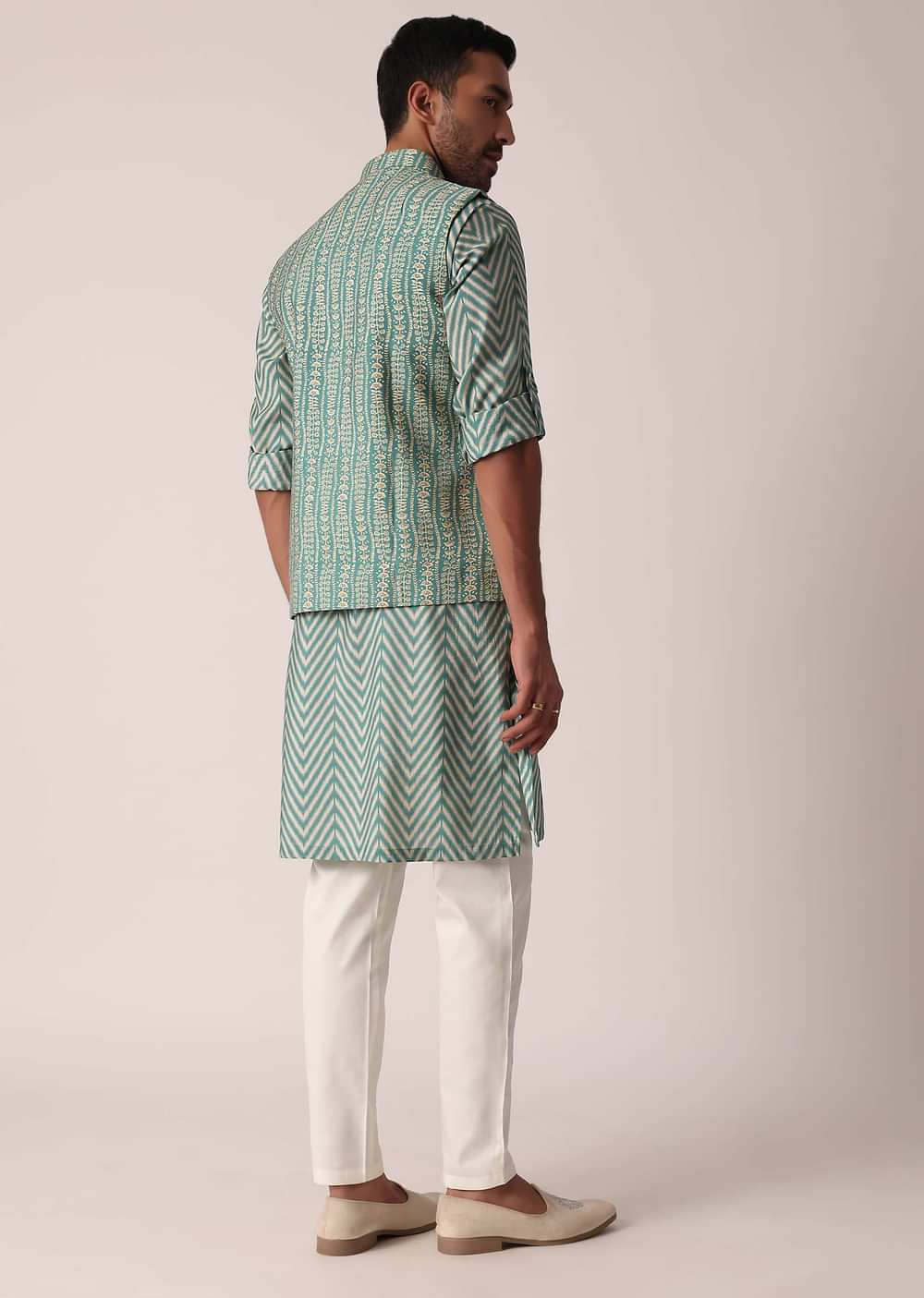 Festive Green Jacket Kurta Set For Men