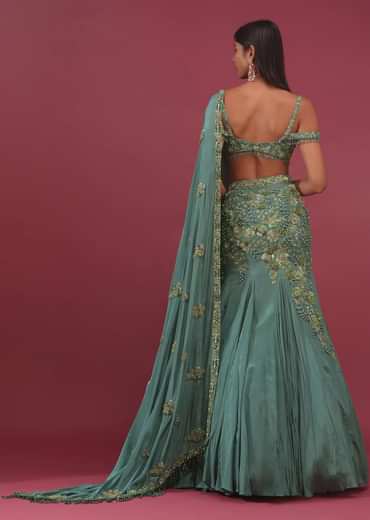 Mint Blue Lehenga Set In Pure Crepe Embroidered With Attached Dupatta - NOOR 2022