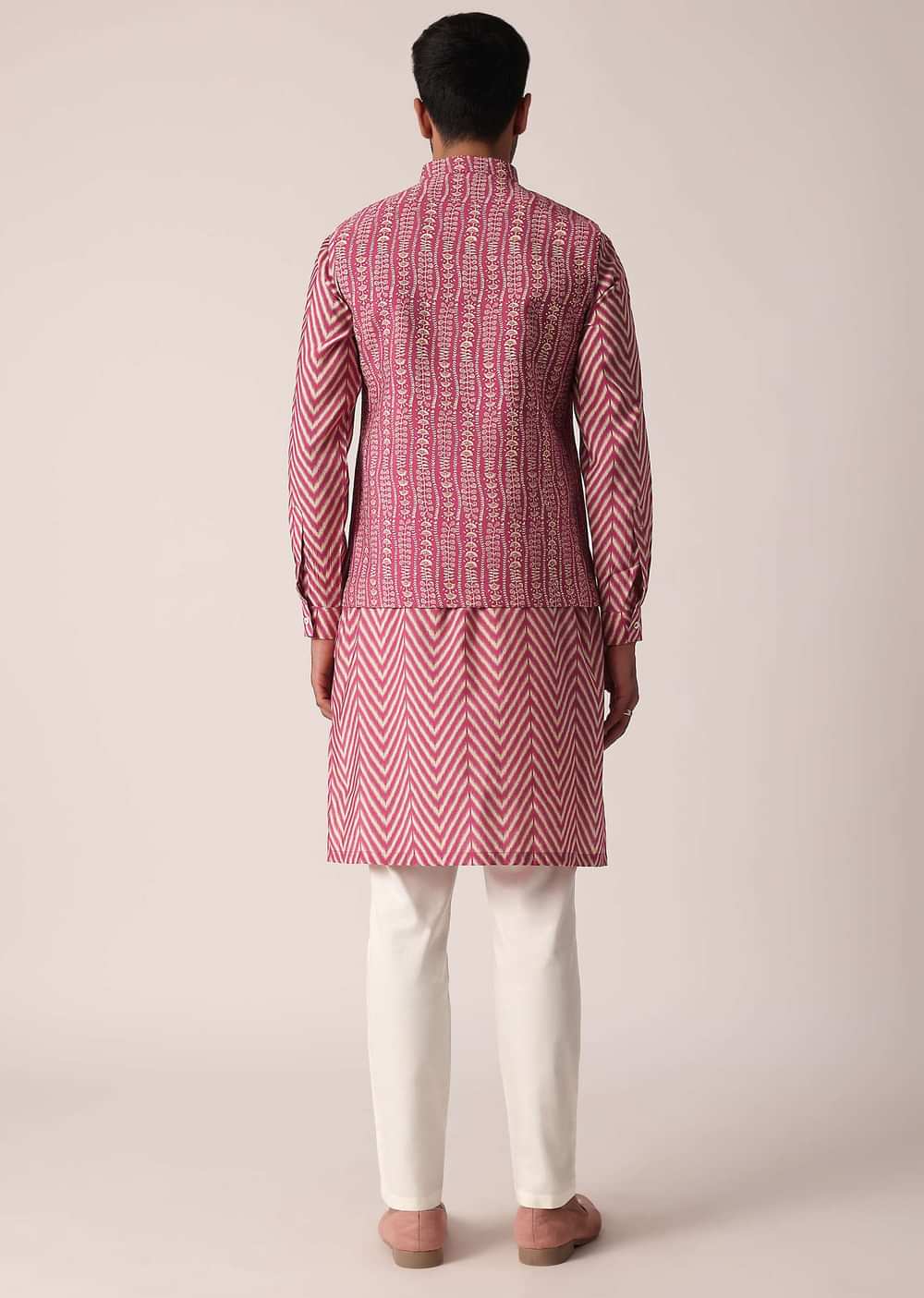 Festive Pink Jacket Kurta Set For Men With All-Over Print
