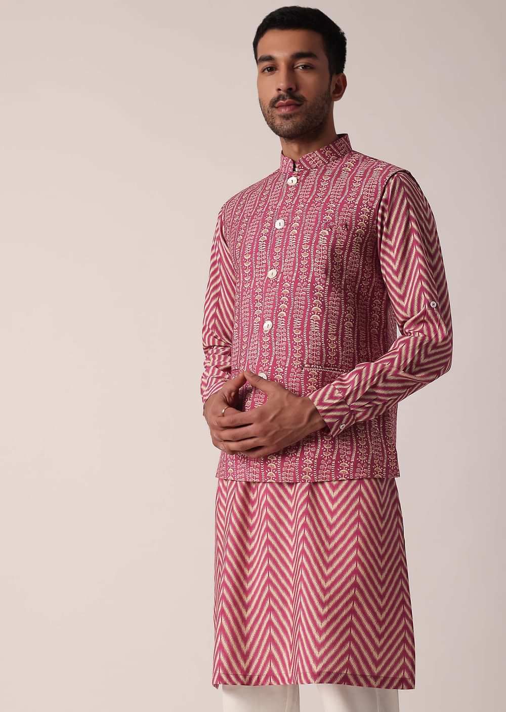 Festive Pink Jacket Kurta Set For Men With All-Over Print