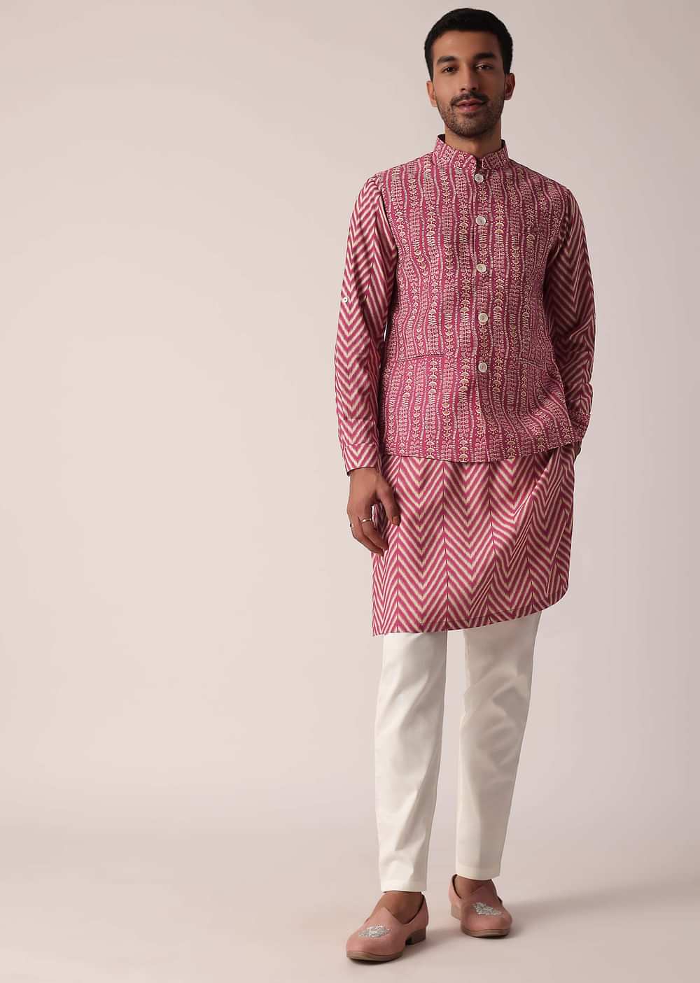 Festive Pink Jacket Kurta Set For Men With All-Over Print