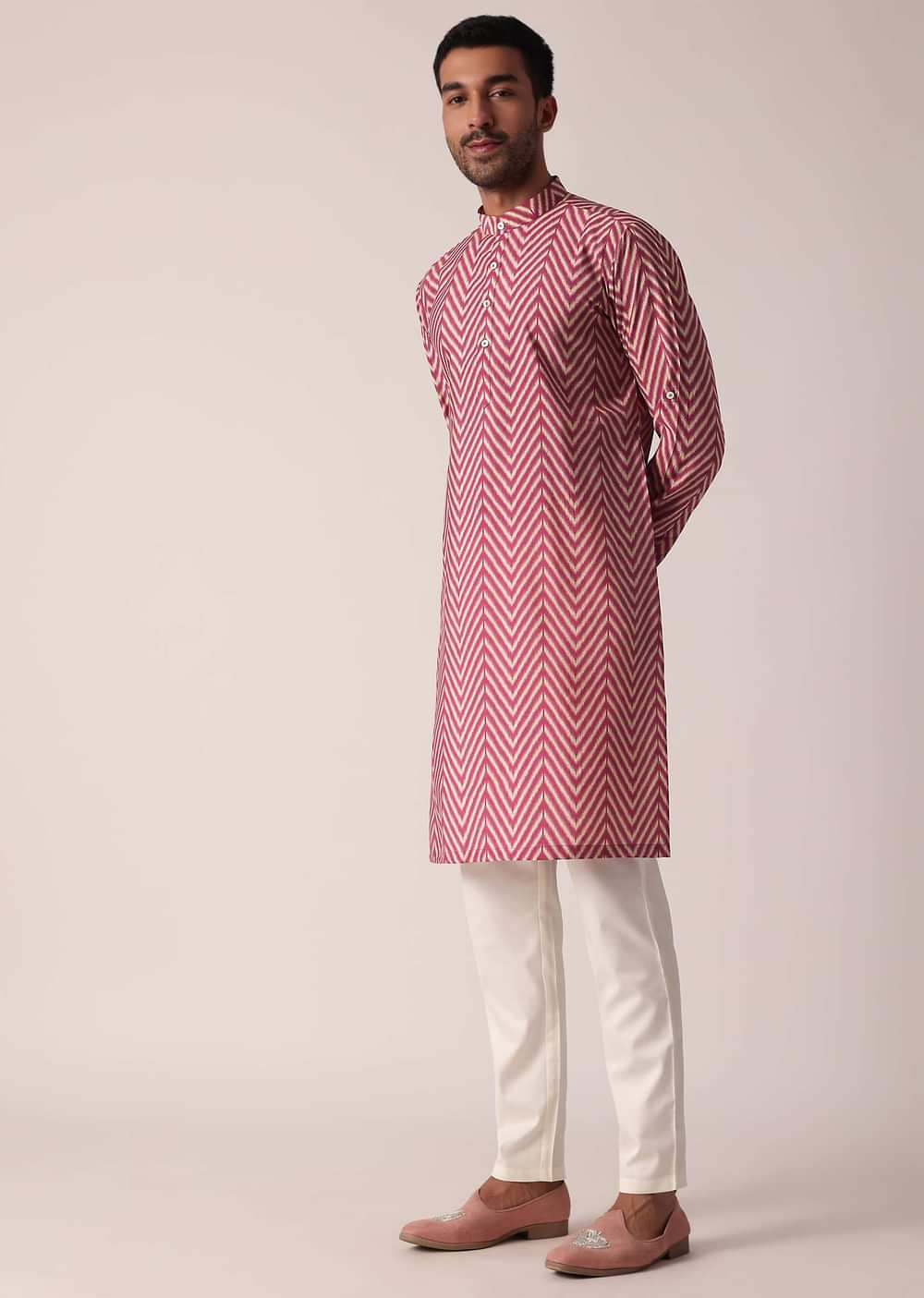 Festive Pink Jacket Kurta Set For Men With All-Over Print