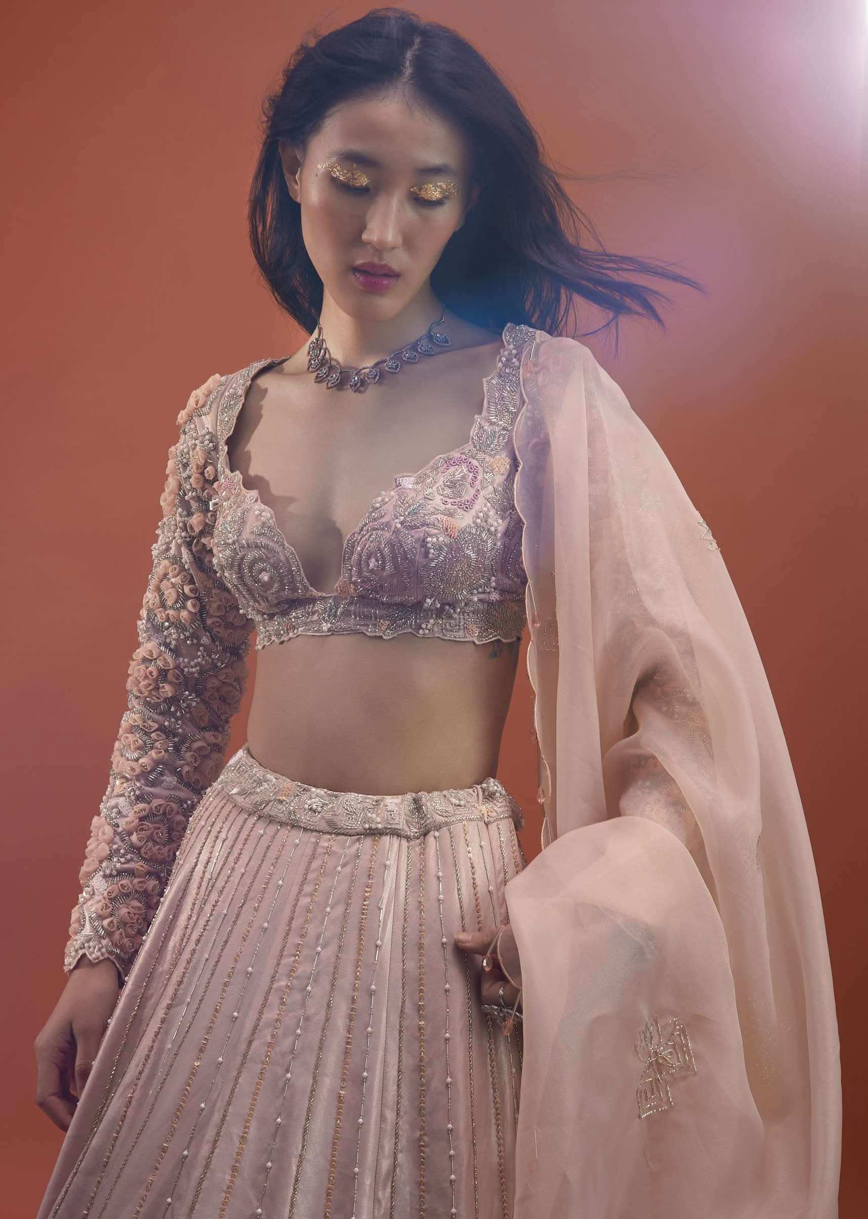 Candy Pink Festive Silver Pink Peony Lehenga Set In Organza With 3D Floral Embroidery - NOOR 2022
