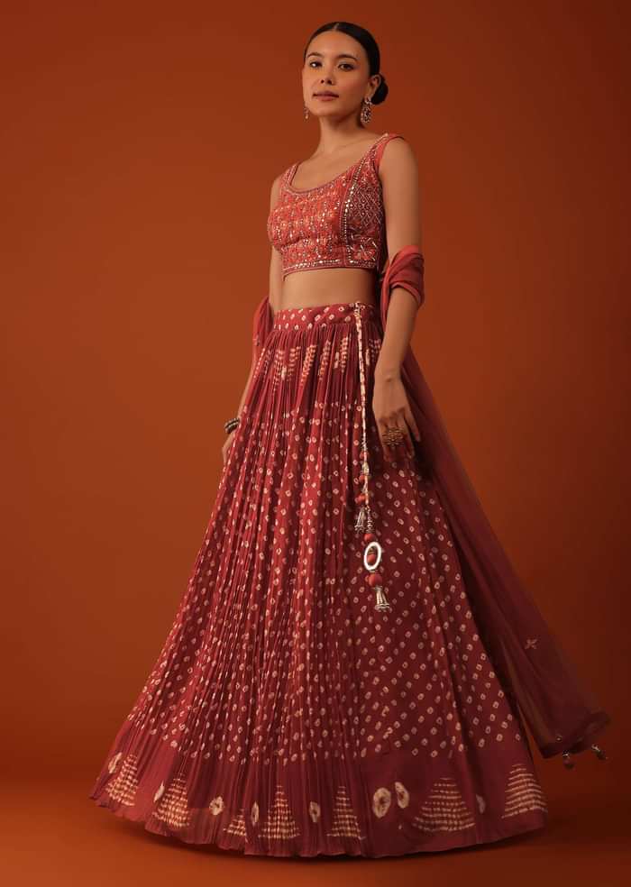 Fire Orange Bandhani Printed Lehenga And Blouse Set In Silk