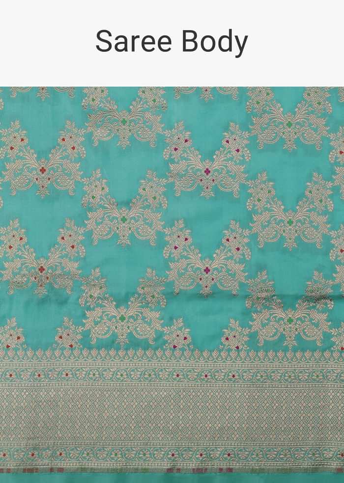 Firozi Blue Handloom Banarasi Saree In Uppada Silk With Gold Woven Meenakari Buttis And Unstitched Blouse