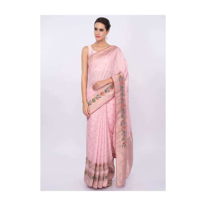 Flamingo pink linen saree with weaved and zardosi work  only on Kalki