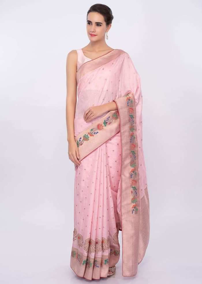 Flamingo pink linen saree with weaved and zardosi work  only on Kalki