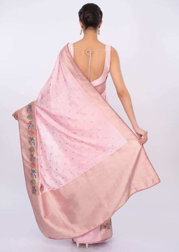 Flamingo pink linen saree with weaved and zardosi work  only on Kalki