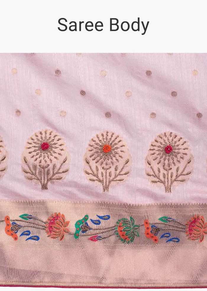 Flamingo pink linen saree with weaved and zardosi work  only on Kalki