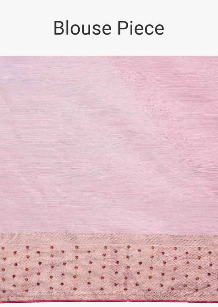Flamingo pink linen saree with weaved and zardosi work  only on Kalki