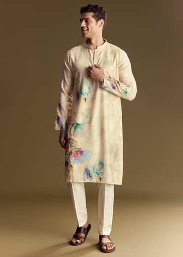 Floral Beige Linen Kurta Set