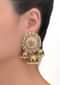 Floral gold plated jhumkas with kundan, pearls, stones and mina work only on Kalki