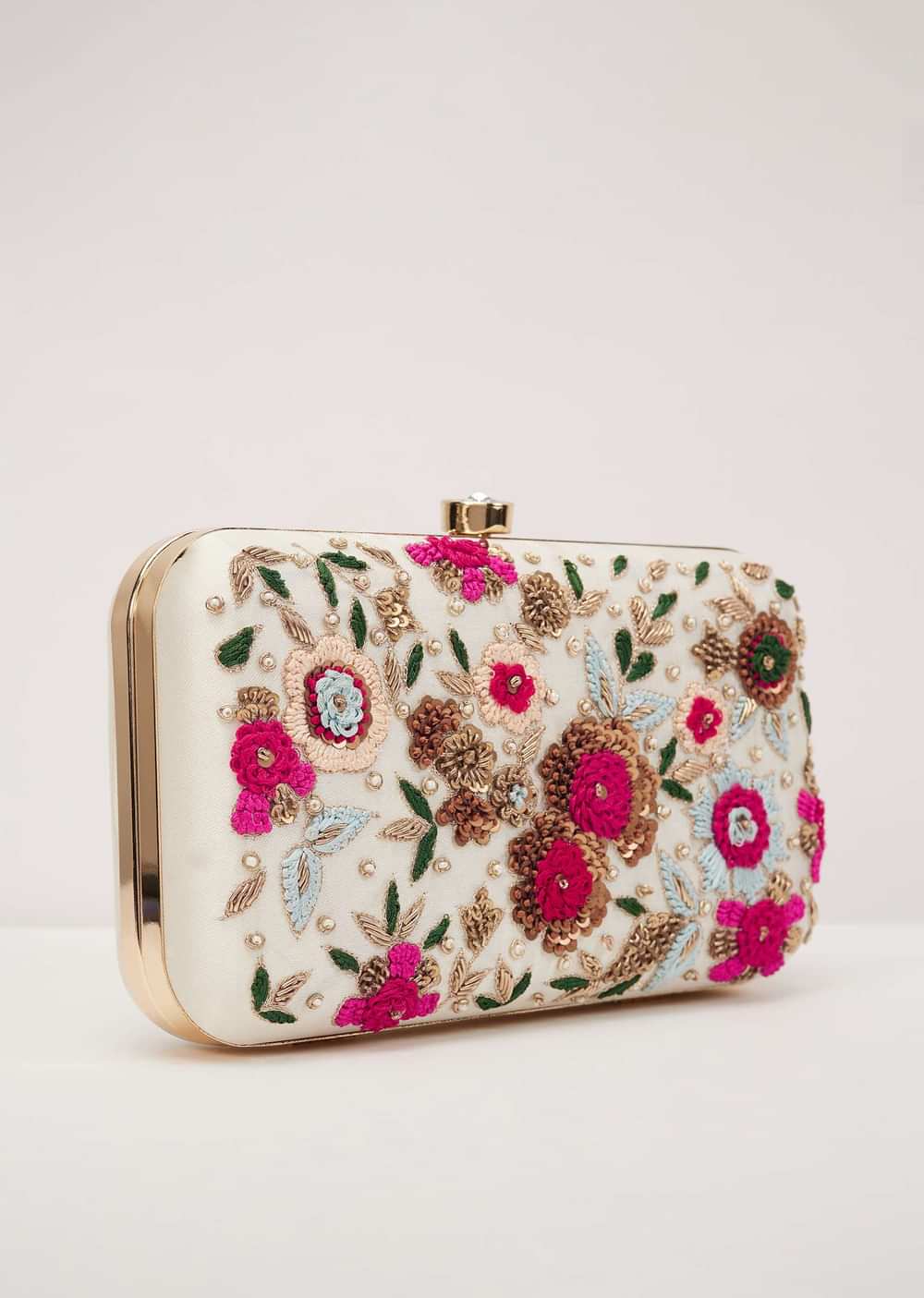 Floral Embroidered Clutch With White Silk Base