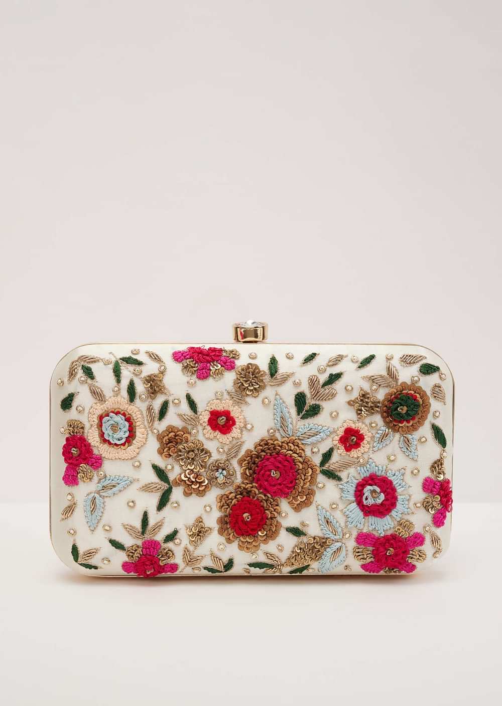 Floral Embroidered Clutch With White Silk Base