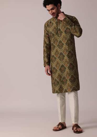 Floral Printed Green Festive Silk Kurta Set For Men