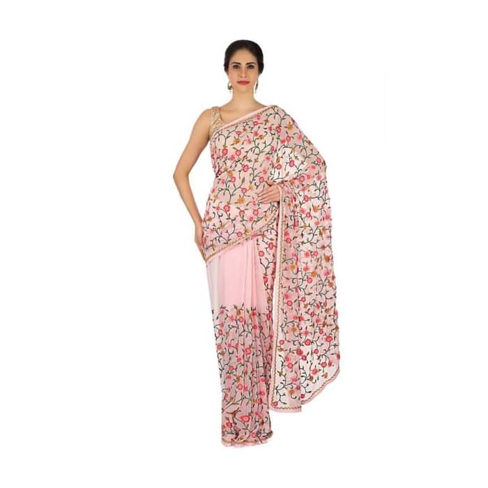 Floss pink saree in resham jaal and cut dana border only on Kalki