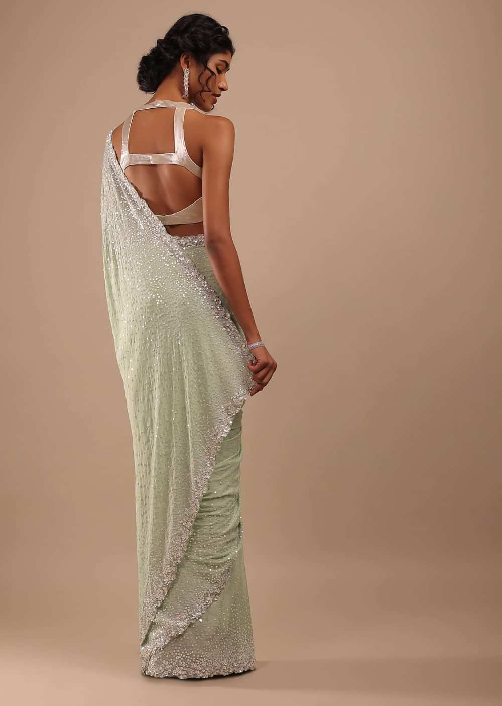 Foam Green Chiffon Saree In 3D Silver Petal And Floral Motifs Embroidery With Sequins Cascading Down
