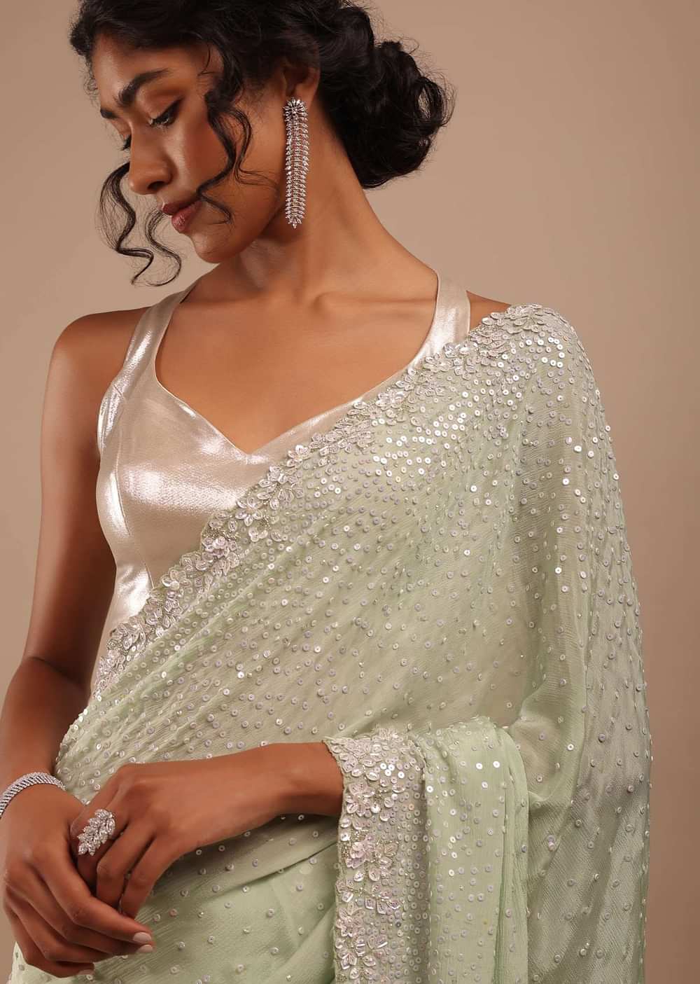 Foam Green Chiffon Saree In 3D Silver Petal And Floral Motifs Embroidery With Sequins Cascading Down