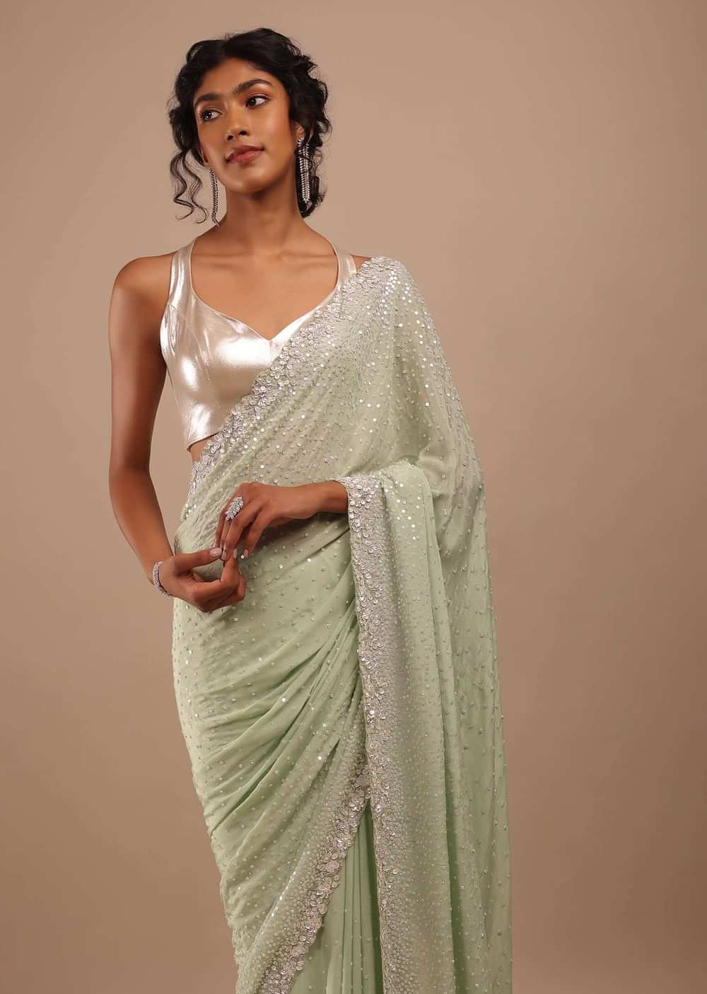 Foam Green Chiffon Saree In 3D Silver Petal And Floral Motifs Embroidery With Sequins Cascading Down