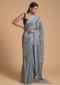 Fog Grey Saree In Chiffon With Badla Embellished Stripes And Circles Online - Kalki Fashion