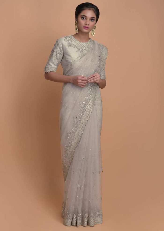 Fog Grey Saree In Organza With Scattered Sequins All Over And Embroidered Buttis Online - Kalki Fashion